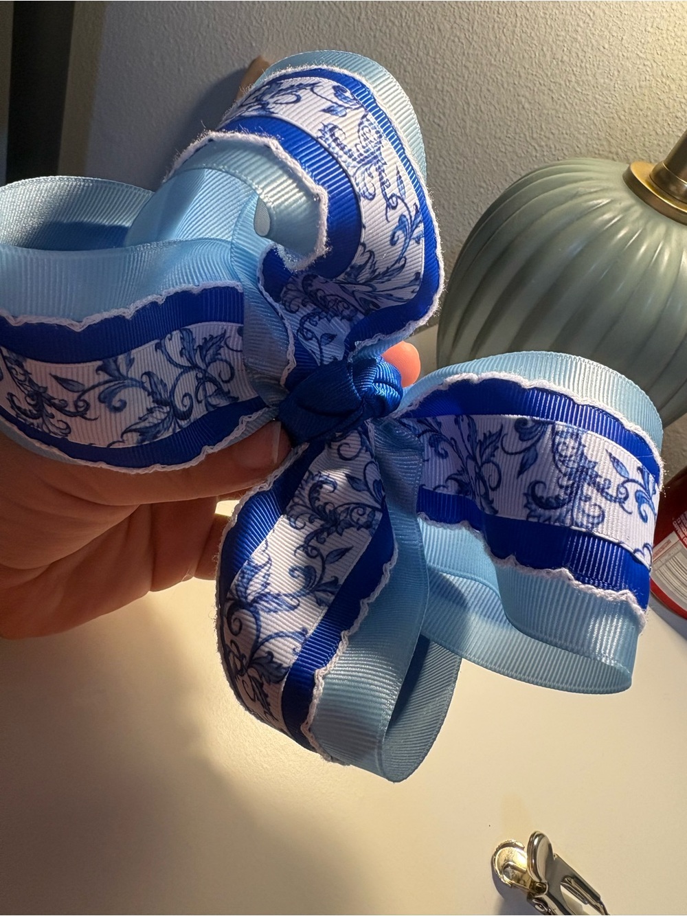 Light Blue & Royal Blue Floral Scroll Kids Hair Bow